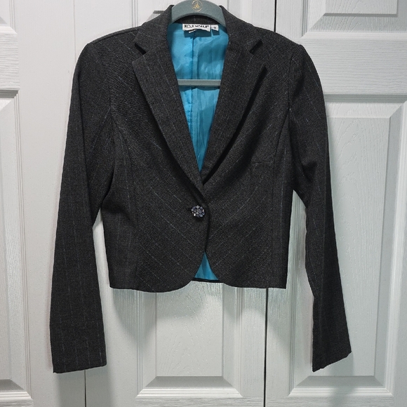 Koji Yohji Sophisticated Women's Charcoal Blazer with Teal Lining Size 3 - Picture 1 of 10